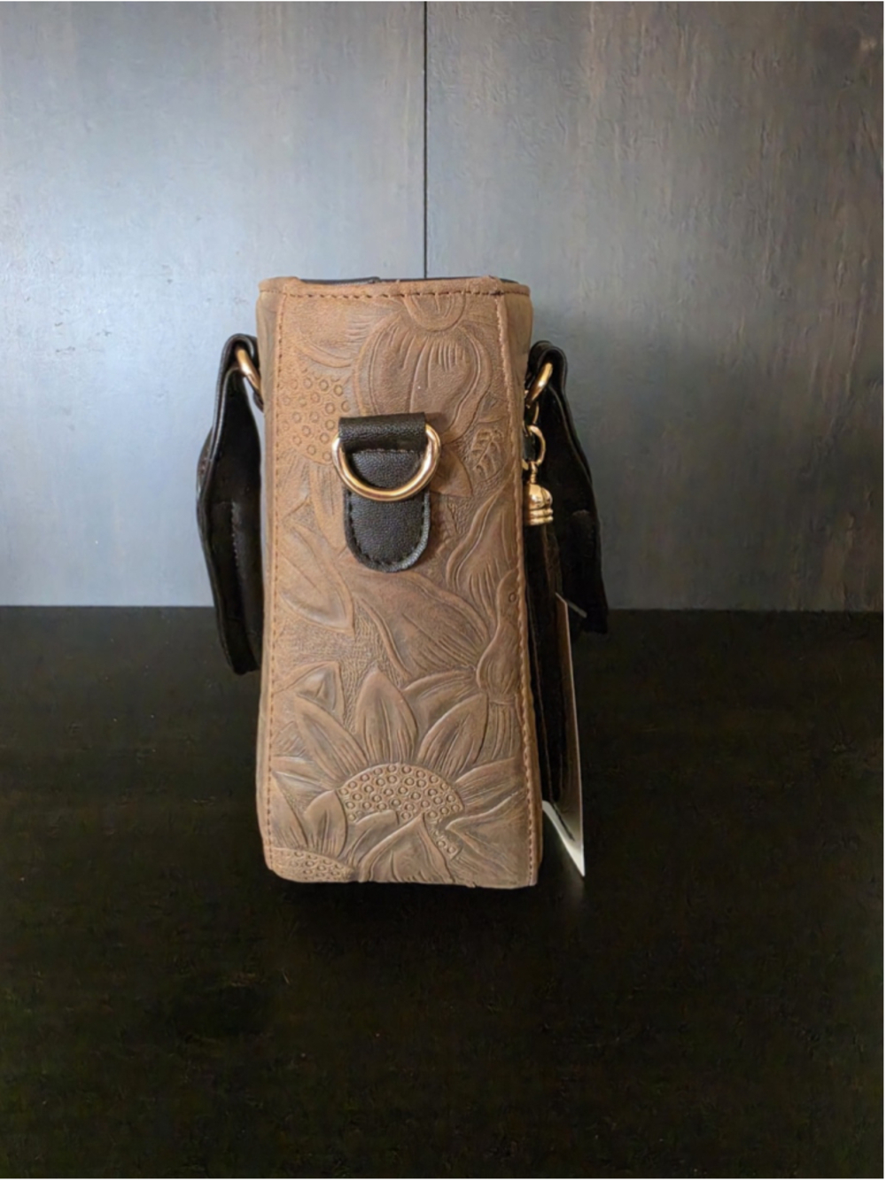 Milk Chocolate Brown Tasseled Sunflower Embossed Tooled Artisan LEATHER Purse - Picture 7 of 16